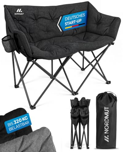 NORDMUT® Campingsofa faltbar für 2 Personen – stabile Camping Couch 320 kg belastbar – komfortabler Doppel Campingstuhl faltbar mit extra Dicker Polsterung (Anthrazit)
