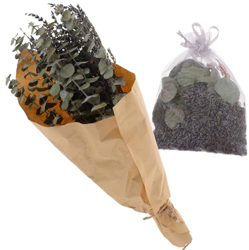 QUMIIRITY Ramo Colgante de Flores Secas y Eucalipto para Ducha con Saquito Aromático, Decoración Floral Preservada para Baño, Accesorio Relajante Mantenimiento