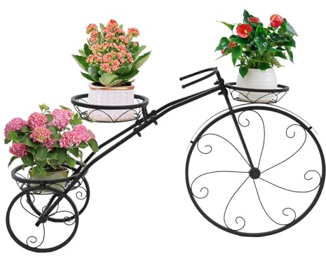 Pyroarle Bicycle Planter Stand, Three-wheeled Plant Stand, Plant Stand, Plant Corner Shelf, Metal Flower Pot Cart Holder with 3 Plant Bucket Outdoor Decorative for Patio, Deck, Garden or Lawn