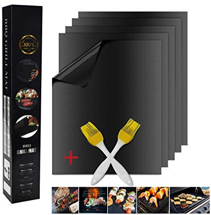 AI Orange BBQ Grill Mat set of 5+2 Grill Brush Heavy Duty 600 Degree 100% Non-Stick BBQ Grill and Baking Mats, FAD Approved PDFA Free Easy to Wash, Works on Gas, Charcoal, Electric Grill and More