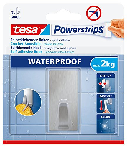 tesa Powerstrips Haken Waterproof L Metall eckig - selbstklebender Wandhaken für Küche und Bad, groß - Handtuchhaken aus Edelstahl, silber matt - belastbar bis zu 2 kg, 1 Stück,