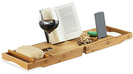 Relaxdays 10022179 Vassoio per Vasca da Bagno con Leggio e Porta-Bicchiere, Allungabile, HxLxP: 19x107,5x23 cm, Marrone Chiaro