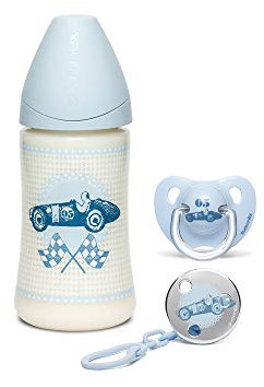 Suavinex 304400 Set Nascita Composta da Biberon con Tettarella Anatomica, Clip e Succhietto, 270ml - Blu