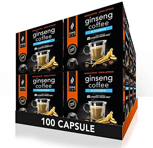 King Cup - 10 Paquets de 10 Capsules de Ginseng Sans Sucre, 100 Capsules 100% Compatible avec le Système Lavazza as Modo Mio de Boisson Aromatisée Ginseng, Sans Gluten et Sans Lactose