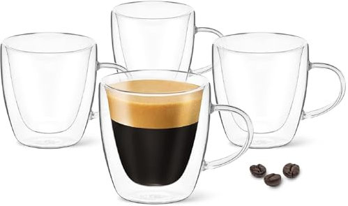 DLux Espresso Coffee Cups with Handles, Double Wall Clear Glass, Insulated Borosilicate Glassware Tea Cup, 4 pcs, 90 ml