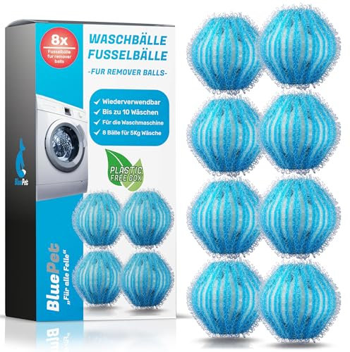 BluePet 8x Tierhaarentferner Bälle für Waschmaschine I Entfernt Tierhaare, Fusseln & Flusen, Haarfänger für Wäschetrockner, Wiederverwendbare Flusenkugeln I Als Haarfänger & Trocknerbälle