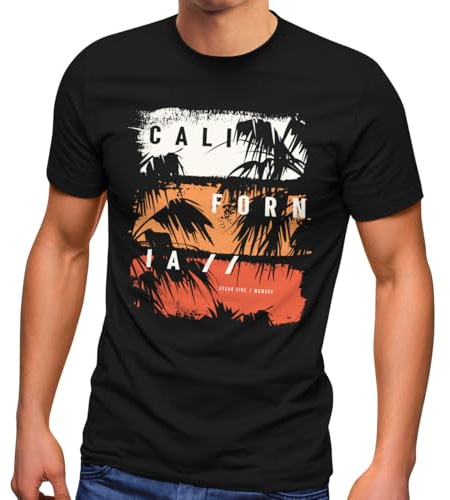 Neverless® Herren T-Shirt California Schriftzug Palmen Printshirt Aufdruck Fashion Streetstyle Schwarz L