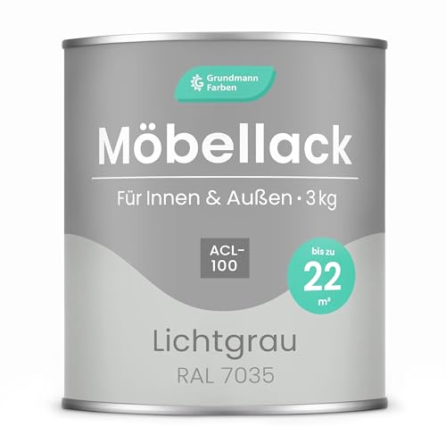 Grundmann Möbellack ACL 100 - Hellgrau 3 Kg - Lösemittelfrei & Geruchsarm - 4in1 Möbelfarbe inkl. Grundierung - Innen und Außen - Für Holz, Metall & Kunststoff - RAL 7035 Lichtgrau