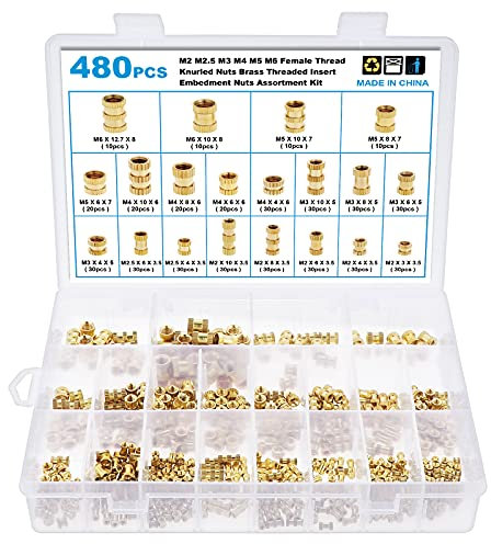 Gueenky 480 inserti filettati in ottone, M2 M2,5 M3 M4 M5 M6, inserto filettato 3D, 20 misure, assortimento di dadi di inserimento con scatola