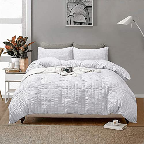 SeventhStitch Seersucker Duvet Cover with Pillow Cases 100% Cotton Waffle Quilt Covers Pink Charcoal Silver Grey White Bedding Sets Double Super King Bed Set (White, Double)