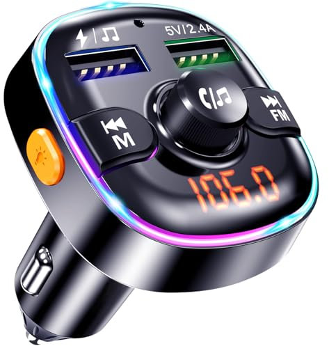 Bluetooth Coche, Transmisor FM, Musica Mechero Reproductor con MP3, 2 Puertos USB, Adaptador Encendedor con Conector Auxiliar, Manos Libres Inalámbrico con 7 LED, Soporta Tarjeta TF/Soporte USB