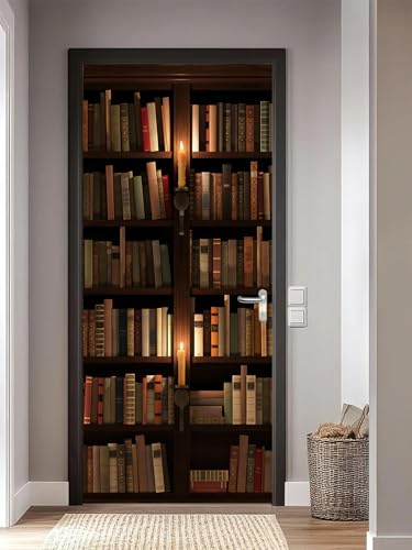 FLFK 3D Retro-Bücherregal Türtapete selbstklebend Türposter Vinyl Entfernbar Türaufkleber Aufkleber Zuhause Dekor 77x200CM