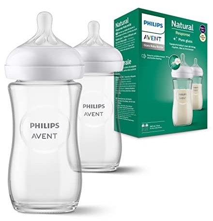Philips Avent Natural Response Glass Baby Bottles 8oz/240 ml with Medium Flow Teats (Flow 3), 2 Pack, SCY933/02