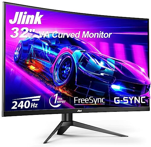 Jlink 32 Zoll Curved Gaming Monitor mit bis zu 240 Hz, 1080P Computer Monitor 1500R/1ms(MPRT)/Low Blue Light, rahmenloser PC-Monitor mit HDMI DisplayPort, Freesync & G-sync, VESA-montierbar