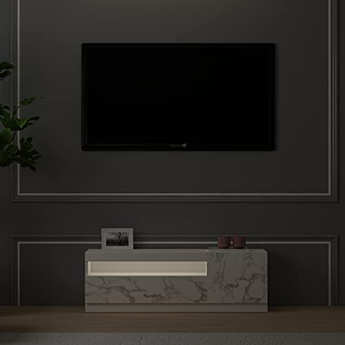 TV-Schrank, Fernsehtisch,TV Lowboard,TV Tisch,Sideboard (Marmor Optik) mit LED rechts Sideboard Board stehend, Weiß, Holz, mit 2 Türen viel Stauraum, für Wohnzimmer, 120 x 40 x 37 cm, 9499