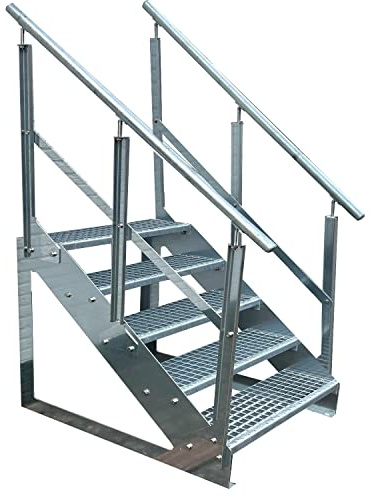 Kaminbau Mierzwa Premium Treppe Freistehend 5 Stufen beidseitigem Geländer (Breite 1200 mm) (Höhe 95cm) Wetterfest Gitterroststufe Gartentreppe