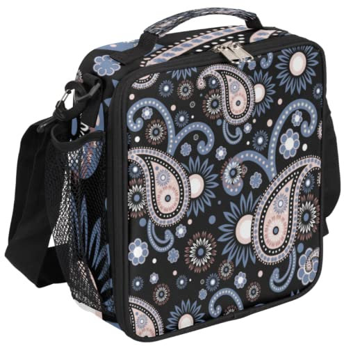 Lonchera con estampado floral de cachemira, lonchera negra con aislamiento, bolsa térmica con correa de hombro ajustable extraíble para mujeres y hombres, oficina, picnic