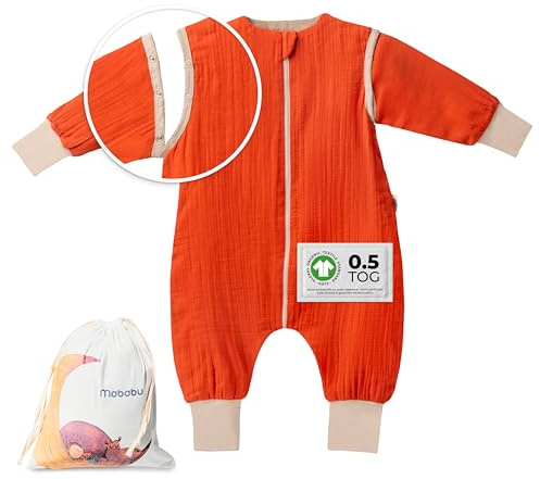 Mababu Saco de dormir para bebé pies 0,5 TOG y mangas extraíbles - saco de dormir de verano para niños - saco de dormir de verano con pies - puños plegables en manos y pies - 70 cm, óxido