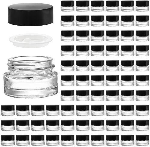 Coloch 90 Pack 5ml Empty Glass Jars with Black Lid, Clear Airtight Cosmetics Container Bulk Refillable Tiny Sample Jar for Cosmetics, Lotion, Cream, Samples, Wax, Skincare, Travelling, Retail Store