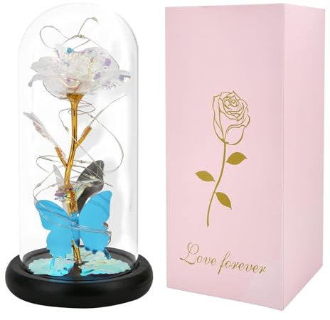 GARELF Graduation Gift/Birthday Gifts for Women, for Her/Mom/Wife, Eternal Rose Artificial Flower in Glass Dome, Rose Flower Gifts for Anniversary/Thanksgiving/Valentine's Day, Rose With Butterfly