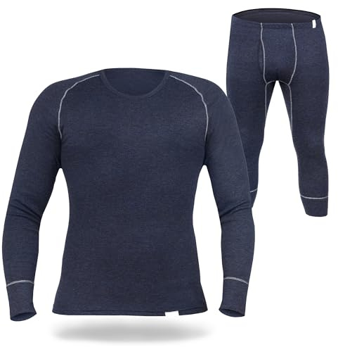 SES Termounderkläder herr set 3/4 långa av 75 % bomull och 25 % polyester/ventilerande och hållbara termiska underkläder med gylf för män/termounderkläder för värme och komfort, marinblå, 3XL