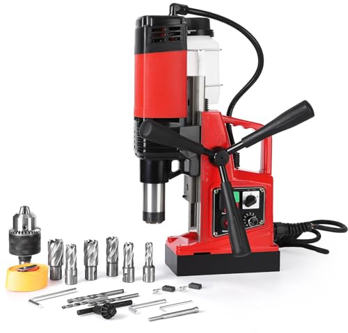 GARVEE Magnetic Drill Press, 1400W 810RPM Portable Mag Drill Press, 10-Speed Core Drilling Machine for Metal Working, 10Pcs Annular Cutters Drill Bits, Red