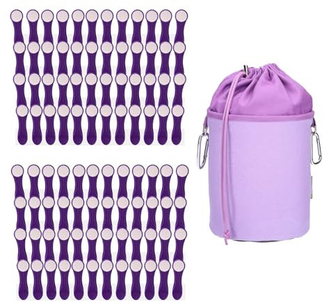 96 Wäscheklammern Wäscheclips mit Druckfedern aus Edelstahl und Softtouch Flieder Weiß, 1 Canvas Wäscheklammerbeutel Lila Grau