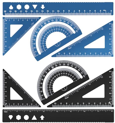 MSDADA Set di 8 righelli da 20 cm, in lega di alluminio, goniometro matematico, set di strumenti ideali per disegnare, misurare studenti, insegnanti, architetti, ingegneri (nero + blu)