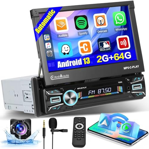 Hikity 2G 64G Autoradio GPS 1 Din con Schermo a Scomparsa Automatico Android 13 Senza Fili Carplay Android Auto 7'' Radio 1 Din con WiFi Bluetooth Mirror Link FM AUX TF USB SWC Telecamera Posteriore