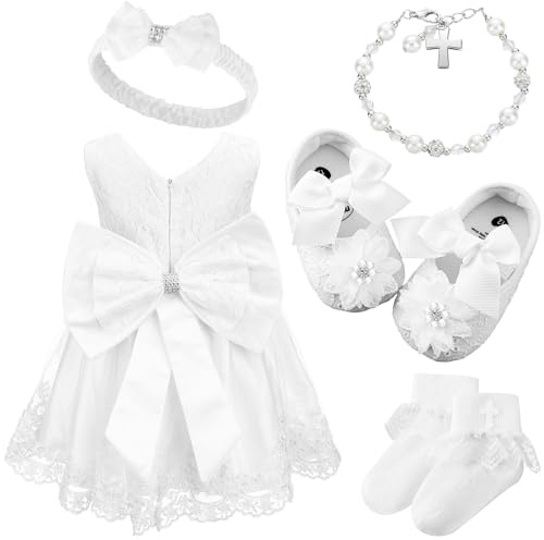 Bunnycool 5 st baby flicka dopklänning spädbarn broderad dopdräkt med pannband strumpor skor armband, Vitt, 0-6 Month