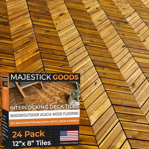 Interlocking Deck Tiles 12 x 9 Herringbone 18 Sq Ft - Non-Slip Acacia Wood Outdoor Tiles for Patio - Decking, Porch and Balcony Flooring Tiles - Easy to Install Wooden Deck Tile Pavers (24 Pack)
