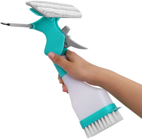 Limpiador de ventanas 4 en 1, escobilla de ventana con atomizador y escobilla de goma y cabezal de lavado de tela y cepillo para limpieza de cristales del hogar y coche