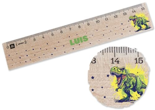 Holz Lineal 15cm - Dino Dinosaurier - Tyrannosaurus Rex mit Name | Geschenk zur Einschulung Jungs - 15 cm - Holz - klein grundschule schulbedarf holzlineal holz-lineal kinder 15 cm kleines