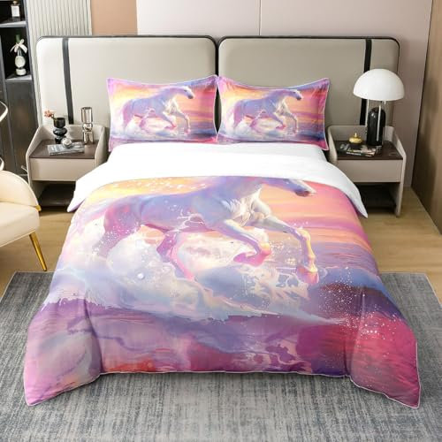 Cheval Blanc Coton Housse de Couette 140x200,Vague Rose Parure de Lit,Ensemble de Literie Coucher de Soleil,Décor de Chambre,Ensemble de Linge de Lit pour Animaux de Ferme,Idéal pour Filles