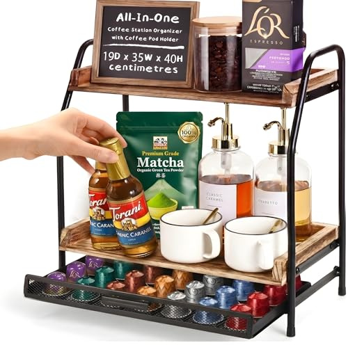 HomGOAT Coffee Station Organizer with Coffee Pod Holder| 2-Tier Coffee Bar Shelves with Nespresso Pod Storage| Hot Chocolate & Tea Station| Wooden Kitchen Countertop Organizer for Home, Office