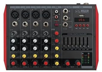 YQVEOT Audio Mixer, DJ Controller Sound Mixer, 2/4/6 Channel Professional Audio Mixer Console System With Blue Tooth USB DSP 48V Phantom Power, Ideal for Home Party and Karaoke(NT6)