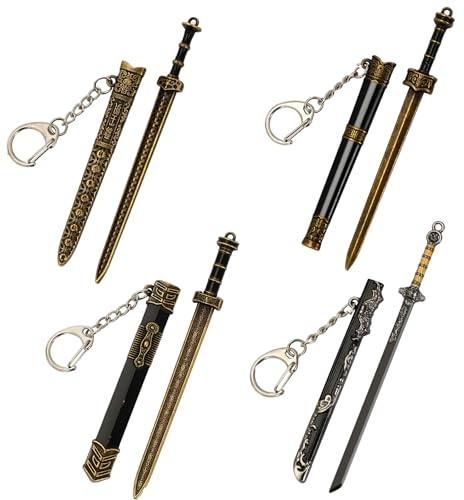 4 mini llaveros katana chino, antiguo mini llavero de espada de metal, modelo de juguete con mini espada extraíble en forma de letra abrepaquetes, adornos de espada, Oro, uniform size