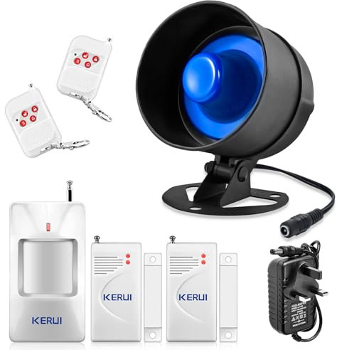 KERUI Wireless Security Burglar Door Alarm System Kit for Garage Shed House Hotel Shop Apartment, Weatherproof Siren Horn with Remote Control Door Contact Sensor,Motion Sensor,Loud Up to 115dB