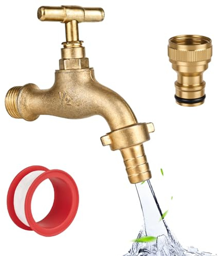XCDMJ Garten Wasserhahn 1/2 Zoll Aus Messing Rost-Und Frostsicher,Mit 1 Schlauchanschlüsse Mit 1x Rollendichtband,Absperrhahn Tropffrei,Auslaufhahn Regentonne Außenwasserhahn Auslaufventil