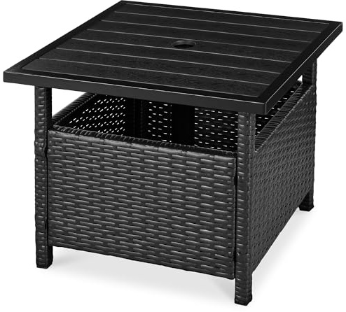 Best Choice Products Wicker Side Table with Umbrella Hole, Square PE Rattan Outdoor End Table for Patio, Garden, Poolside, Deck w/UV-Resistant Frame, Storage Space - Black
