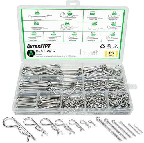 313 Pcs Stainless Steel Cotter Pins Assortment Kit, 13 Sizes Cotter Pins & R Clips Cotter Pin Set, Hairpin Cotter Pin Set, Hitch Pin Clips Set for Hitch Pin Lock Systems