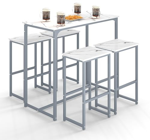 Xisilla Mesa Alta Bar con Taburetes, Taburetes Altos de Cocina Multifuncional, Mesa Barra Cocina Alta con Efecto de mármol