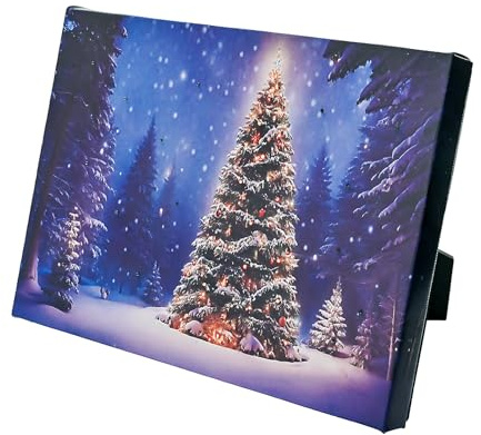 Small LED Lighted Canvas Christmas Pictures 8x6 w/Timer, Standing Framed Light Up Blue Background Winter Scene Pictures w/Fiber Optic Christmas Tree, Mini Glow Painting Print for Desktop or Wall