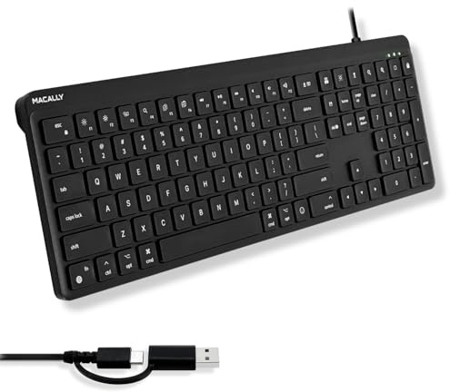 Macally Clavier filaire USB C pour Mac (USB C + USB A) - Clavier pleine taille avec 22 raccourcis, frappe silencieuse, pour MacBook, iMac, MacMini, iPad - Noir