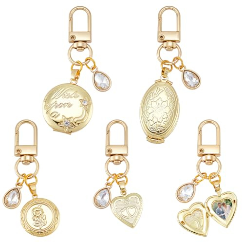 nbeads 4 Pcs 4 Styles Porte Clés Médaillon, Pendentif Médaillon Photo en Laiton Porte Clés Pendentif en Alliage Strass Décorations avec Fermoirs Pivotants pour Sacs Clés Porte Monnaie, Or