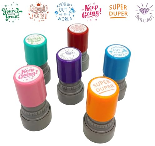 6-Piece Set of Teacher Stamp Self-Inking Rubber Stamps, Colorful Motivational Stamps, Reusable Personalized Teacher Accessories for Student Awards, Classroom Activities, Grading(B)
