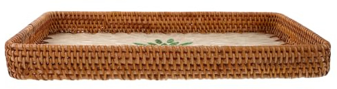 LALADEFIEE Plateau Tressé en Rotin Naturel 60 CM Vert Feuille Plateau Multifonction pour Salle de Bain Rangement Portable pour Serviettes et Cosmétiques Design Respirant et Léger