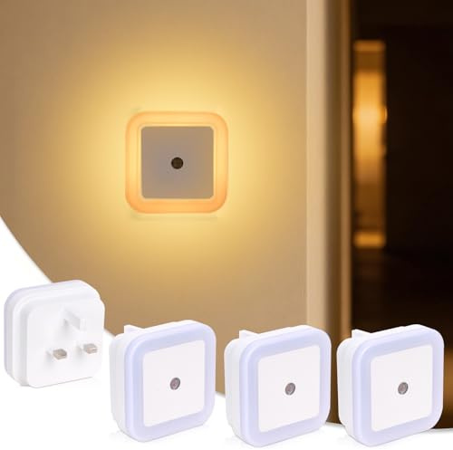 Plliocse 4Pack Night Light Plug in Wall, Night Light Plug in Wall Motion Sensor, Warm White Nightlight for Stairs, Hallway, Kitchen, Bedroom