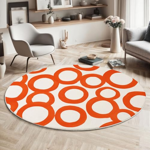 JEDTAKCT Geometrischer Kreistorus Runder Teppich 120 cm, Orange-Weiß Abstrakt Modern, rutschfeste Waschbare Kurzflor Rund Luxus Auslegware Teppich Fußmatte Für Wohnzimmer Schlafzimmer Home Office