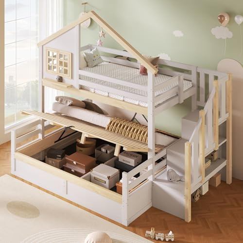 Rvjiahe Letto a castello, 90 x 200 cm e 140 x 200 cm, idraulico, con rete per letto, scaletta, decorazione per finestre e casa, bianco + naturale, 140 x 200 cm